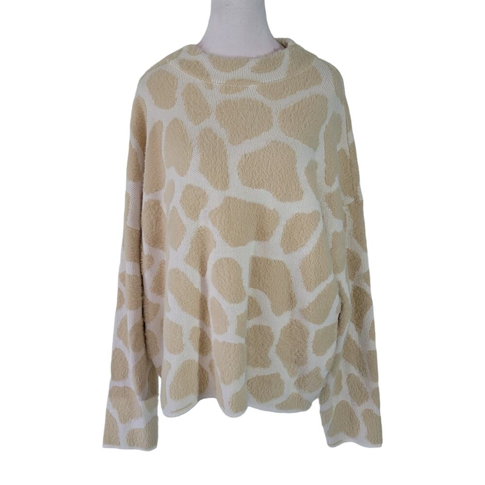 Caslon Size 1x Jacquard Sweater Women Tan White Giraffe Print Mock Neck NWT